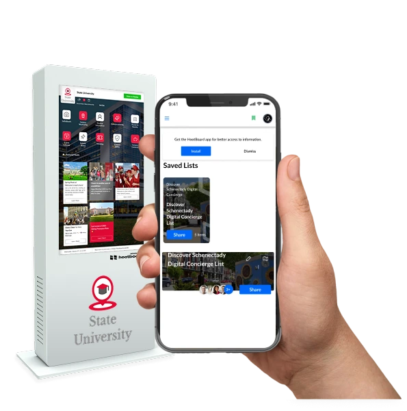 saved-content a directional signage kiosk on a wall next to where the guests check in.