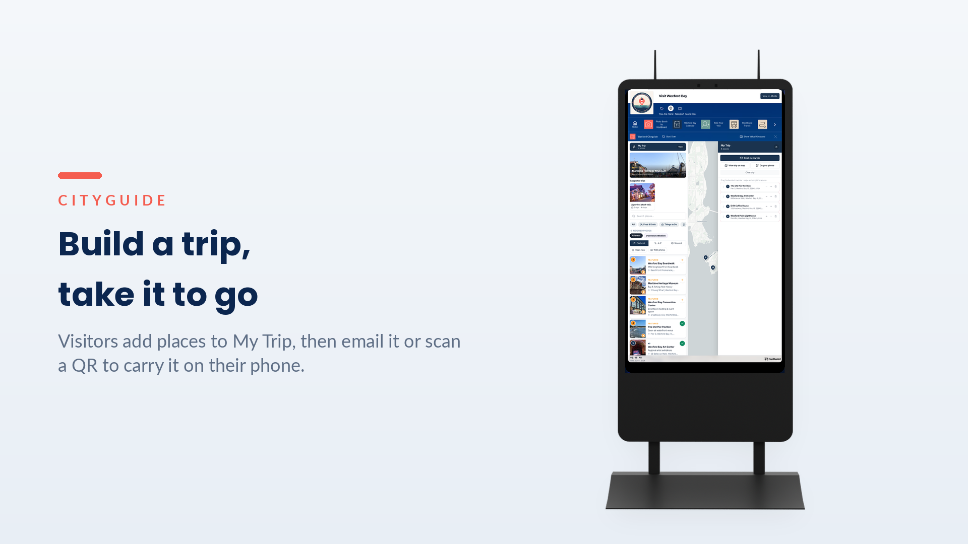 Kiosk Trip Planner showing a visitor's 'My Trip' list with options to email it or take it on a phone