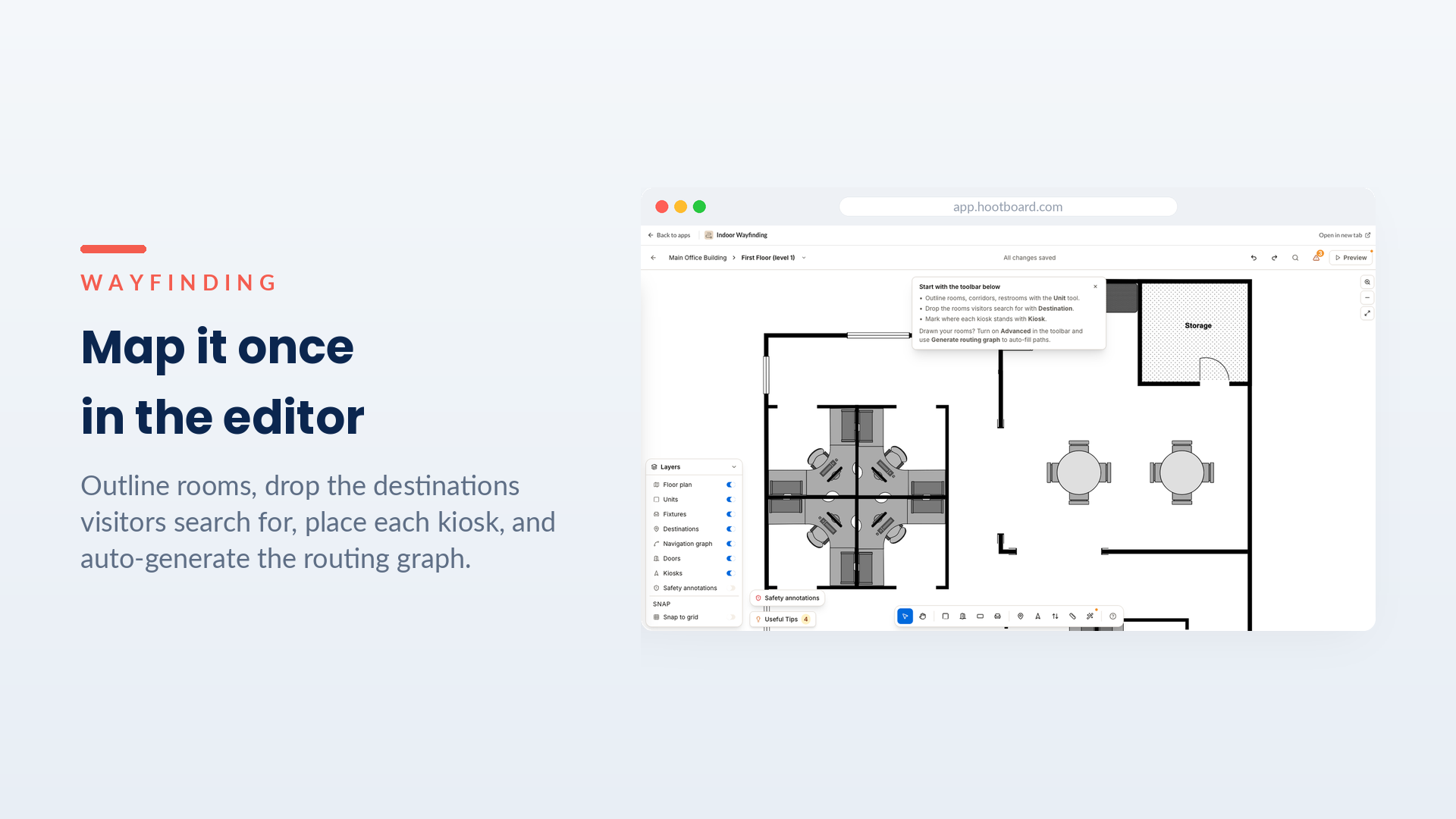 HootBoard Wayfinding floor-plan editor with rooms, destinations, kiosks and a navigation graph