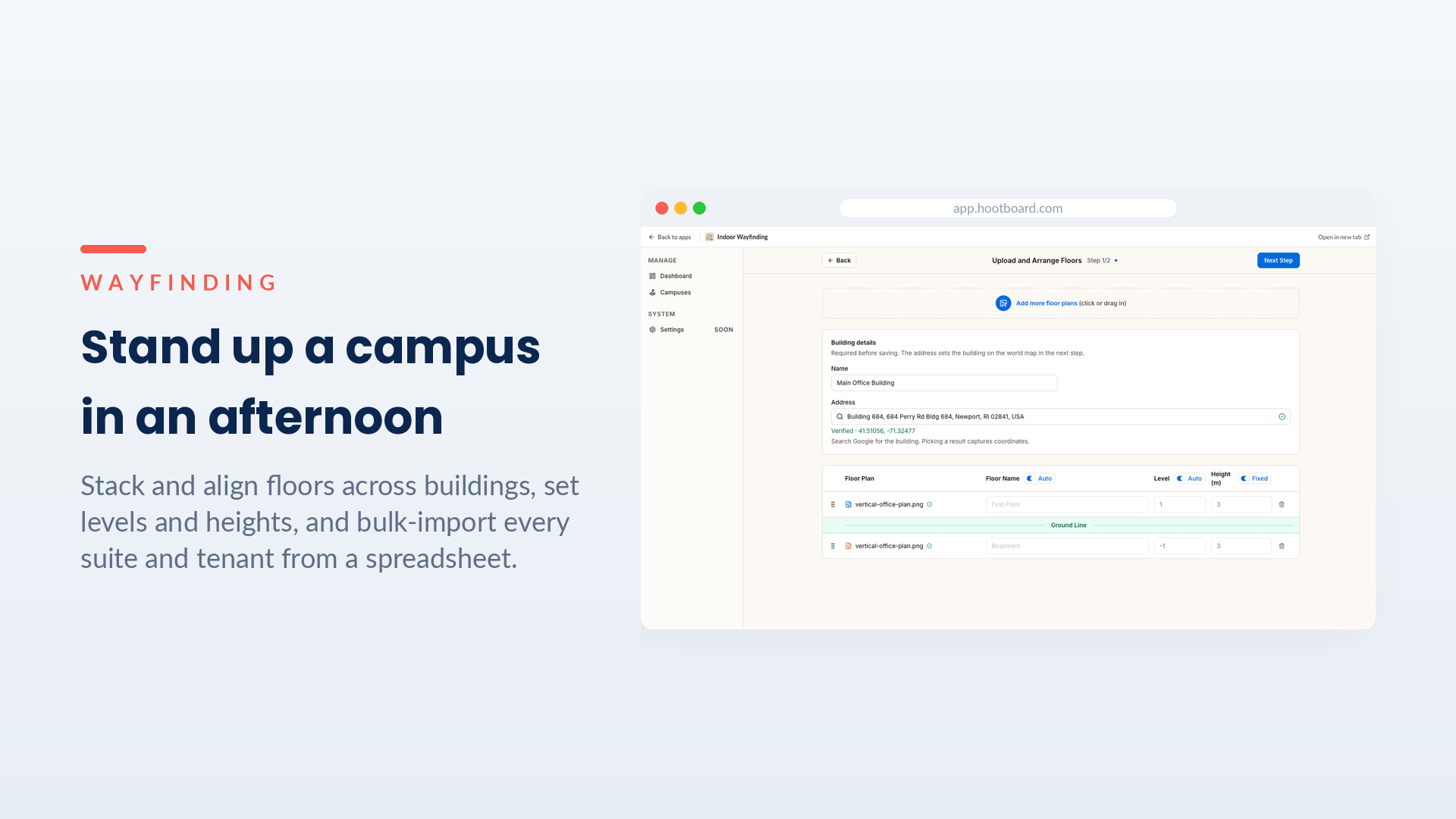 Stacking and arranging floors across buildings and importing a directory in HootBoard Wayfinding